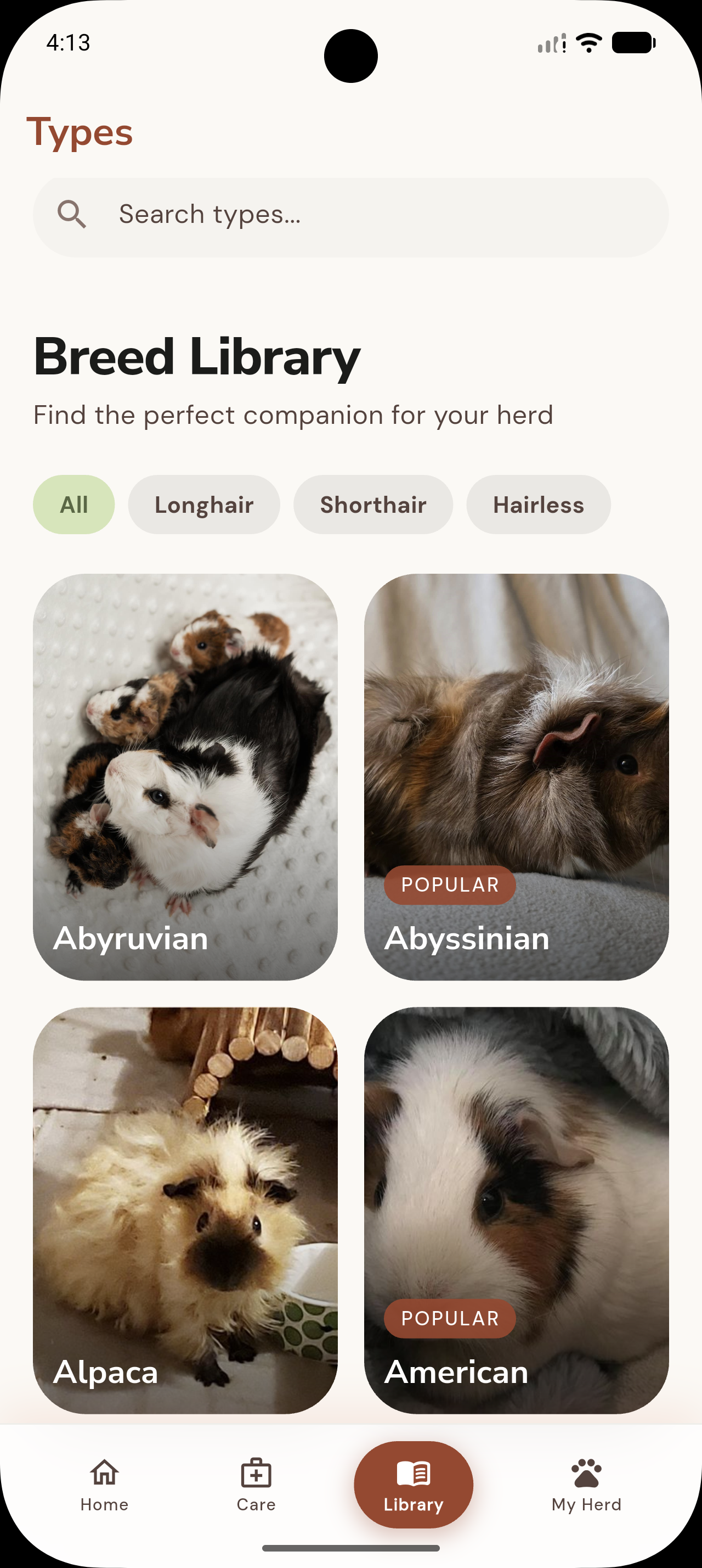Breed library screen showing cavy breeds such as Abyruvian, Abyssinian, Alpaca, and American with search filters.
